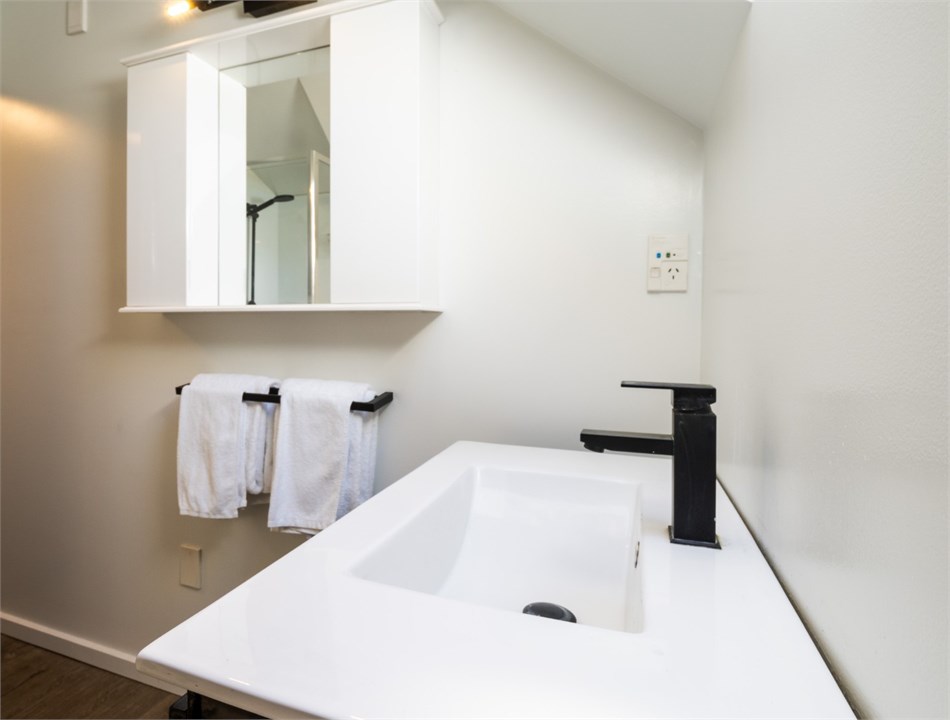 Bright main bathroom with a sleek shower and toile