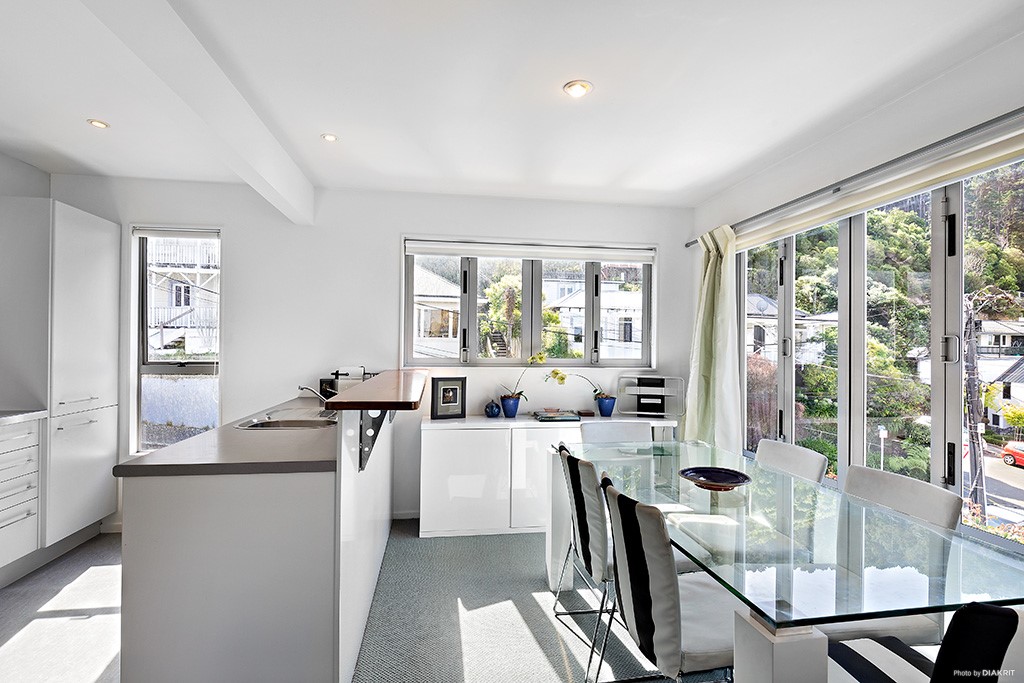 Inviting dining or workspace with full kitchen