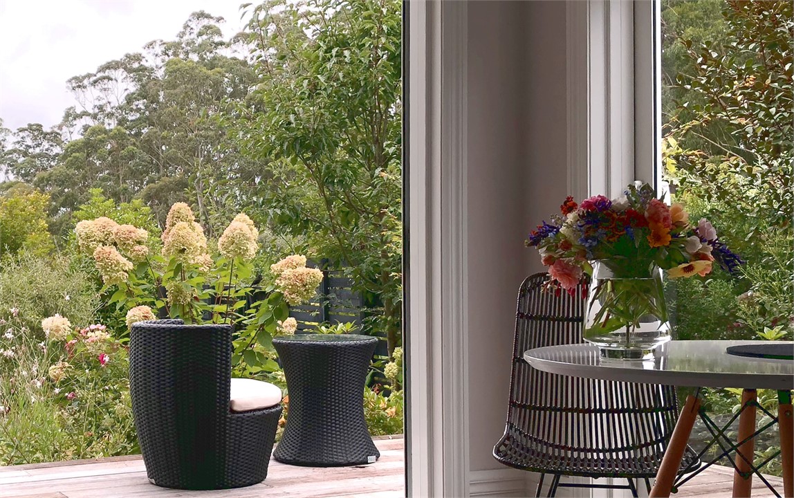 Owners Cottage deck from inside looking through ra