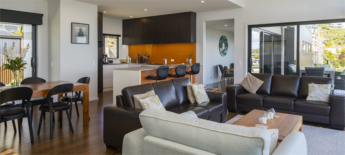 Open kitchen, living & dining areas