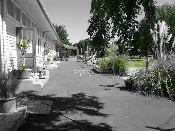 Looking along the length of the school