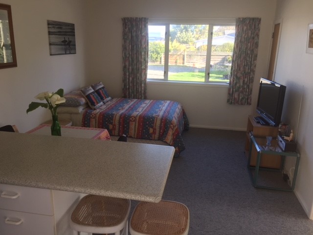 Living Area with Double Bed, TV, Bluetooth Radio.