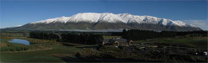 Panorama over clubhouse to Mt Hutt.