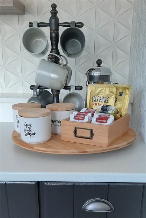 Complimentary teas, instant and plunger coffee and