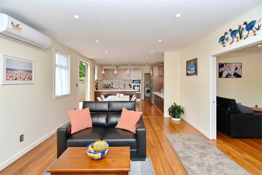 The living area is comfy and sleek, with an open-p