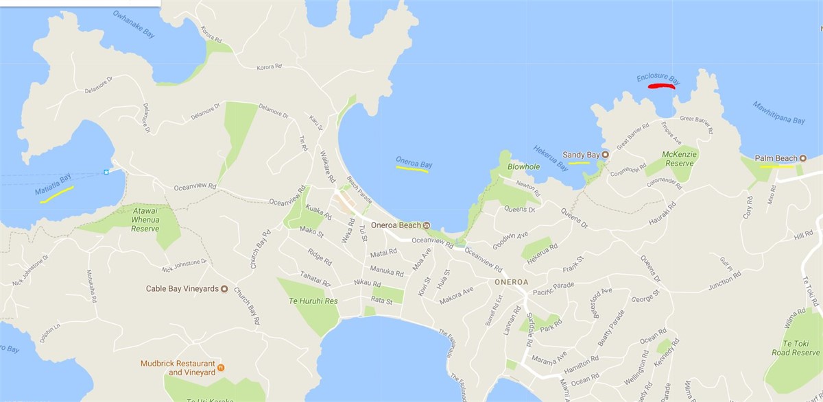 Map-  Enclosure Bay (red), Matiatia ferry, bays (y